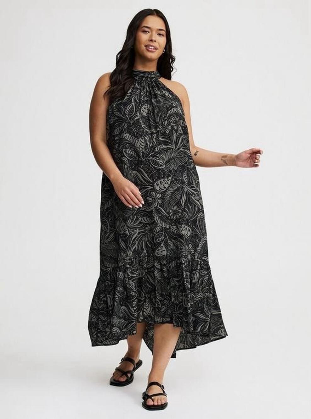 NWT $85 Torrid Size 0 L/12 Midi High-Neck Tie-Back Dress Tropical Print Black